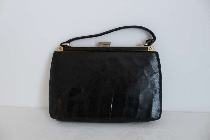 *GENUINE ALLIGATOR SKIN* VINTAGE BLACK HANDBAG BAG PURSE