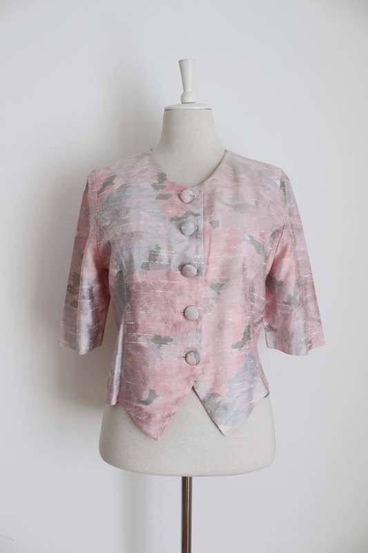 VINTAGE SILK PINK PRINTED SHORT SLEEVE JACKET TOP - SIZE 12