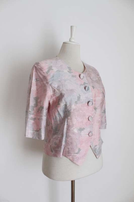 VINTAGE SILK PINK PRINTED SHORT SLEEVE JACKET TOP - SIZE 12