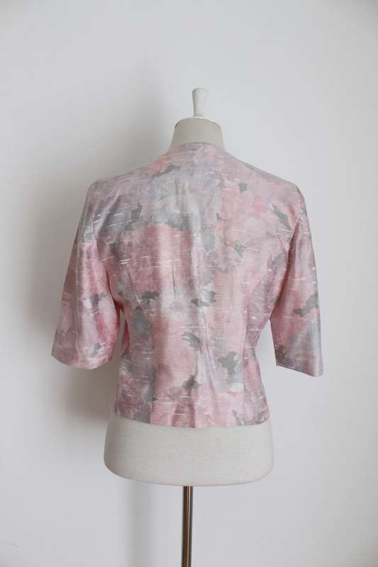 VINTAGE SILK PINK PRINTED SHORT SLEEVE JACKET TOP - SIZE 12
