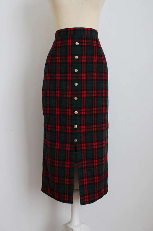 VINTAGE GREEN RED TARTAN CHECK WIGGLE MIDI SKIRT - SIZE 12