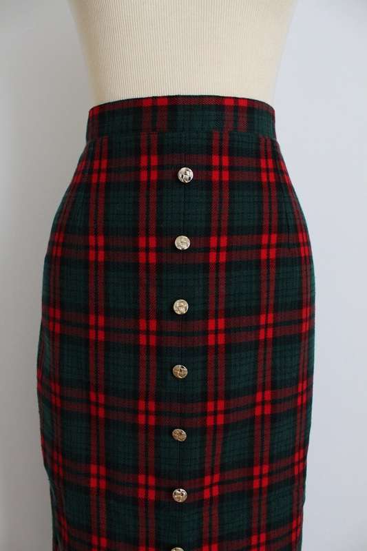 VINTAGE GREEN RED TARTAN CHECK WIGGLE MIDI SKIRT - SIZE 12
