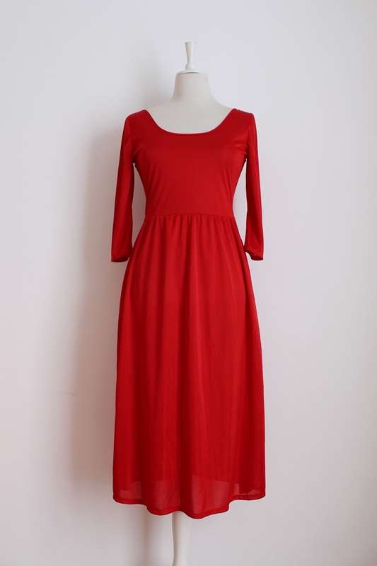 VINTAGE RED SCOOP NECK 3/4 SLEEVE DRESS - SIZE 10