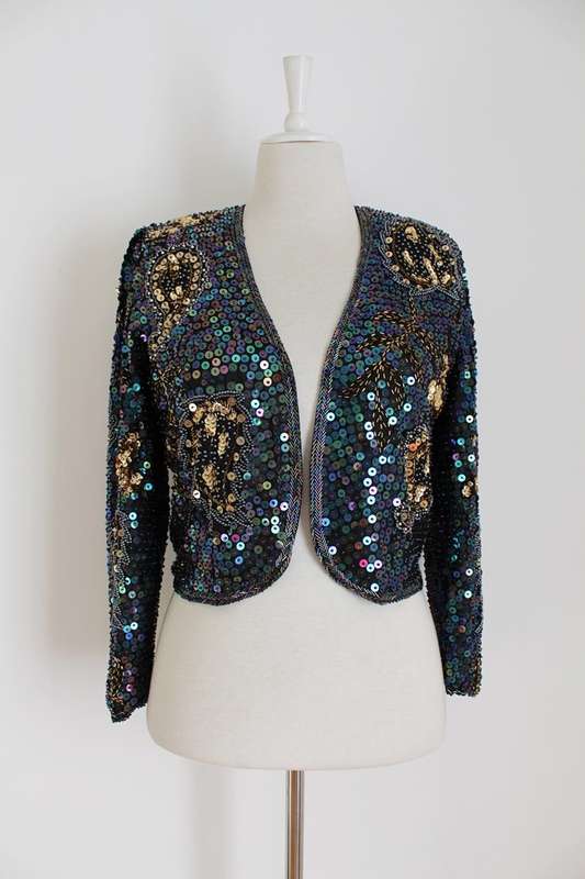 100% SILK VINTAGE SEQUINED BEADED CROPPED JACKET TOP - SIZE M