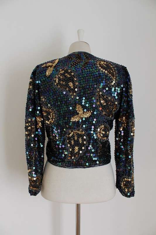 100% SILK VINTAGE SEQUINED BEADED CROPPED JACKET TOP - SIZE M