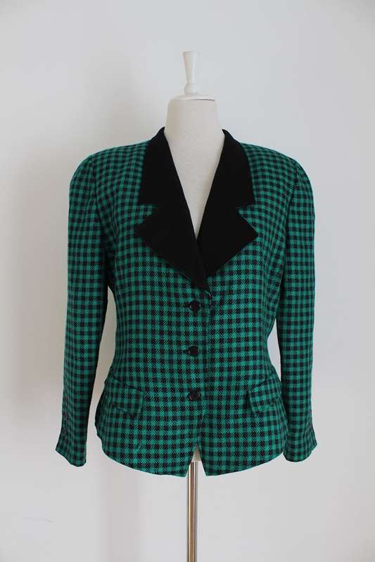 VINTAGE GREEN BLACK CHECK PRINT JACKET BLAZER - SIZE 14