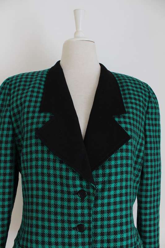 VINTAGE GREEN BLACK CHECK PRINT JACKET BLAZER - SIZE 14