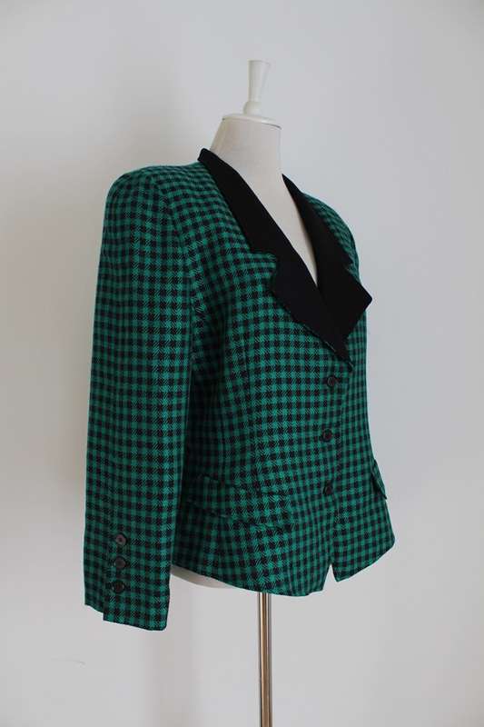 VINTAGE GREEN BLACK CHECK PRINT JACKET BLAZER - SIZE 14