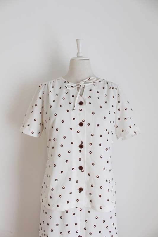 VINTAGE TWO PIECE TOP SKIRT WHITE BROWN PRINT SET - SIZE 14