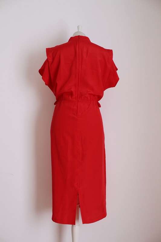 VINTAGE RED HIGH COLLAR SHORT SLEEVE DRESS - SIZE 14