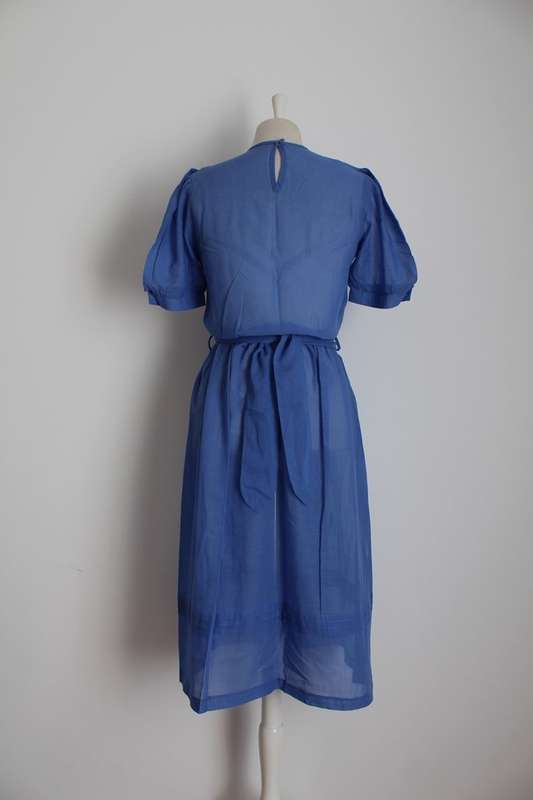 VINTAGE BLUE TIE WAIST PLEATED DAY DRESS - SIZE 10