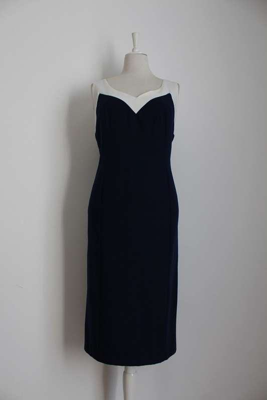 VINTAGE NAVY WHITE SHIFT DAY DRESS - SIZE 16