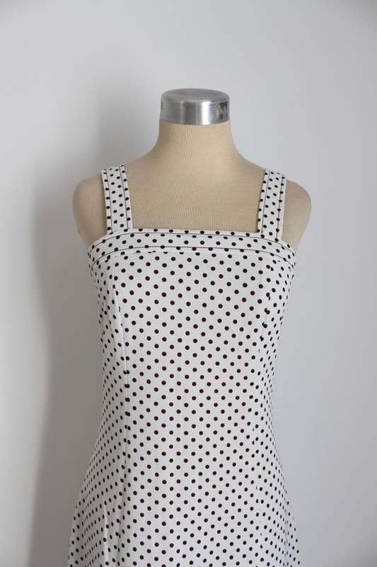 VINTAGE POLKA DOT PRINT WHITE BROWN DAY DRESS - SIZE 8
