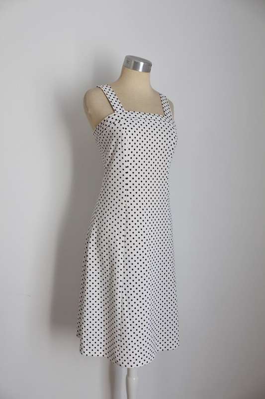 VINTAGE POLKA DOT PRINT WHITE BROWN DAY DRESS - SIZE 8