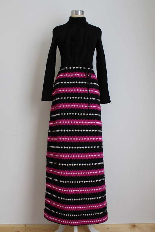 VINTAGE KNITTED BLACK PINK POLO NECK MAXI JERSEY DRESS - SIZE 12