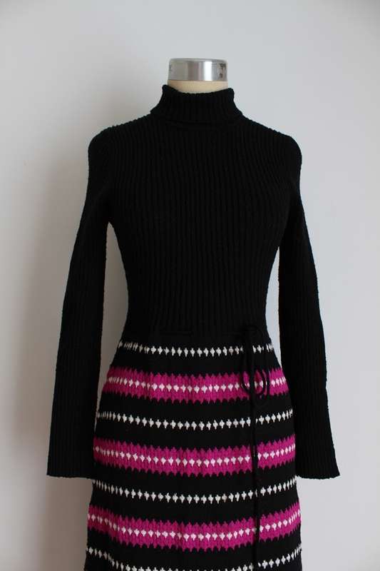 VINTAGE KNITTED BLACK PINK POLO NECK MAXI JERSEY DRESS - SIZE 12