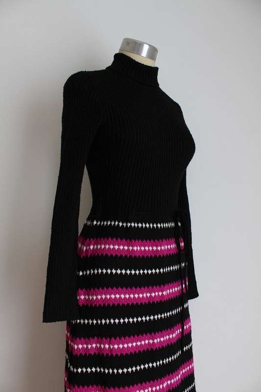 VINTAGE KNITTED BLACK PINK POLO NECK MAXI JERSEY DRESS - SIZE 12