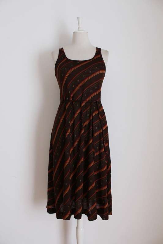 VINTAGE STRIPED BROWN RED TIE WAIST DAY DRESS - SIZE 10