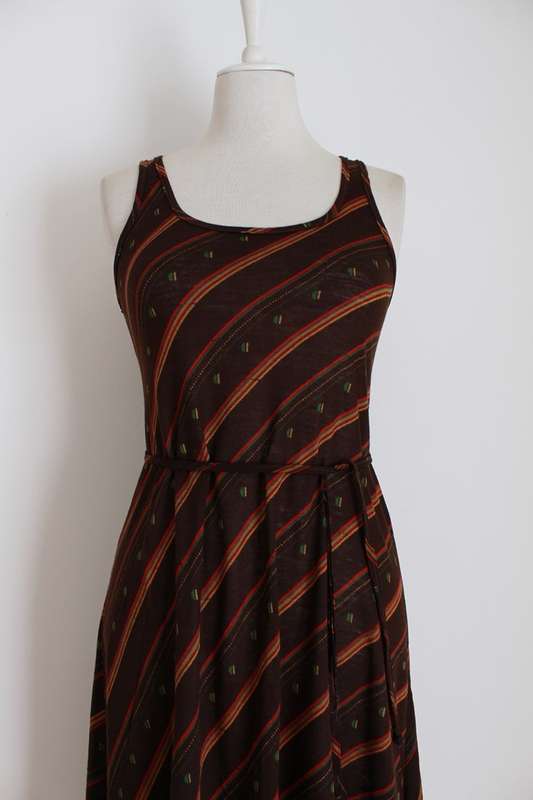 VINTAGE STRIPED BROWN RED TIE WAIST DAY DRESS - SIZE 10