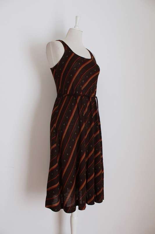 VINTAGE STRIPED BROWN RED TIE WAIST DAY DRESS - SIZE 10
