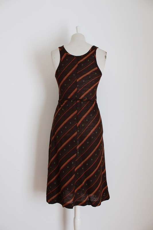 VINTAGE STRIPED BROWN RED TIE WAIST DAY DRESS - SIZE 10