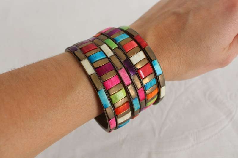 VINTAGE MULTICOLORED BONE INLAY BRASS INDIAN BANGLES BRACELETS