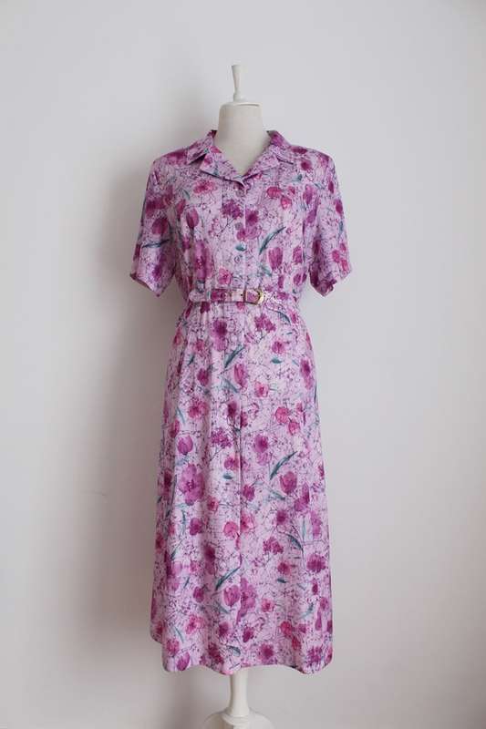 VINTAGE PINK FLORAL PRINT BELTED DAY DRESS - SIZE 20
