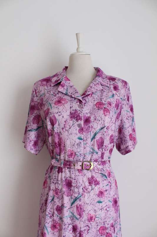 VINTAGE PINK FLORAL PRINT BELTED DAY DRESS - SIZE 20