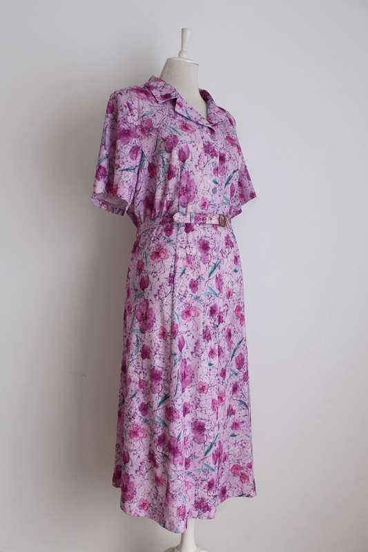 VINTAGE PINK FLORAL PRINT BELTED DAY DRESS - SIZE 20