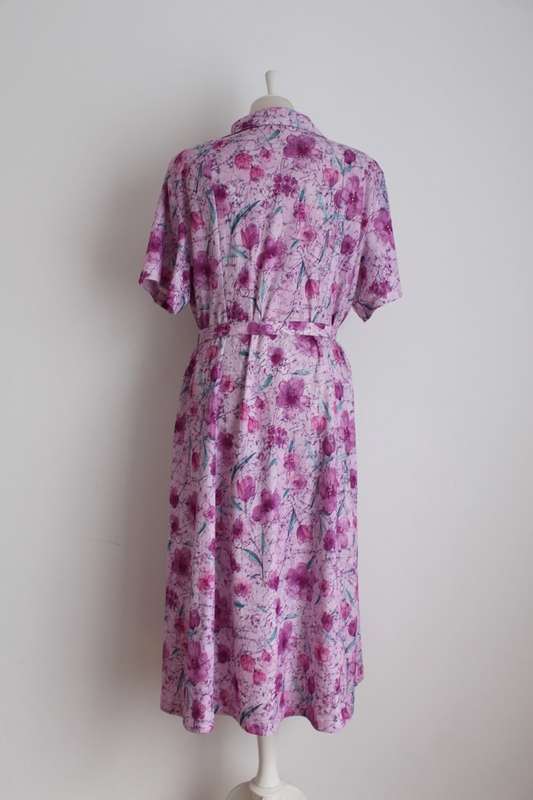 VINTAGE PINK FLORAL PRINT BELTED DAY DRESS - SIZE 20