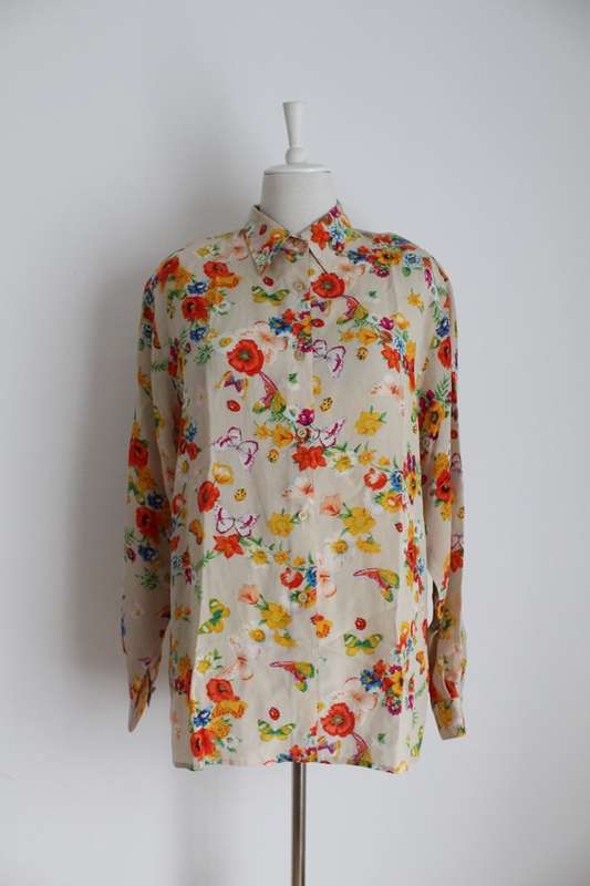 100% SILK VINTAGE FLORAL ORANGE BEIGE BLOUSE SHIRT TOP - SIZE 16