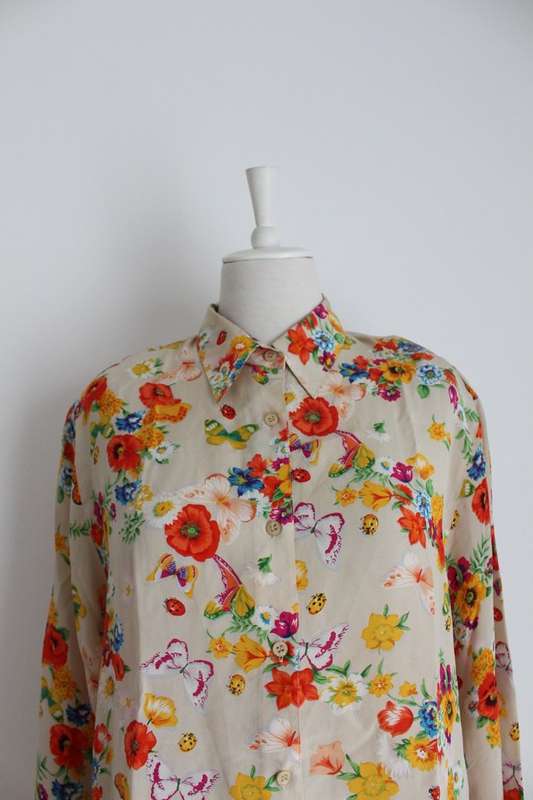 100% SILK VINTAGE FLORAL ORANGE BEIGE BLOUSE SHIRT TOP - SIZE 16