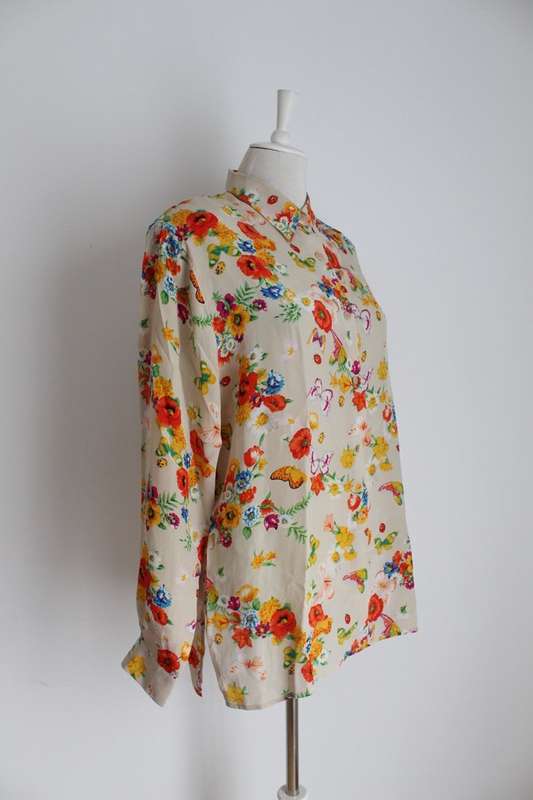 100% SILK VINTAGE FLORAL ORANGE BEIGE BLOUSE SHIRT TOP - SIZE 16