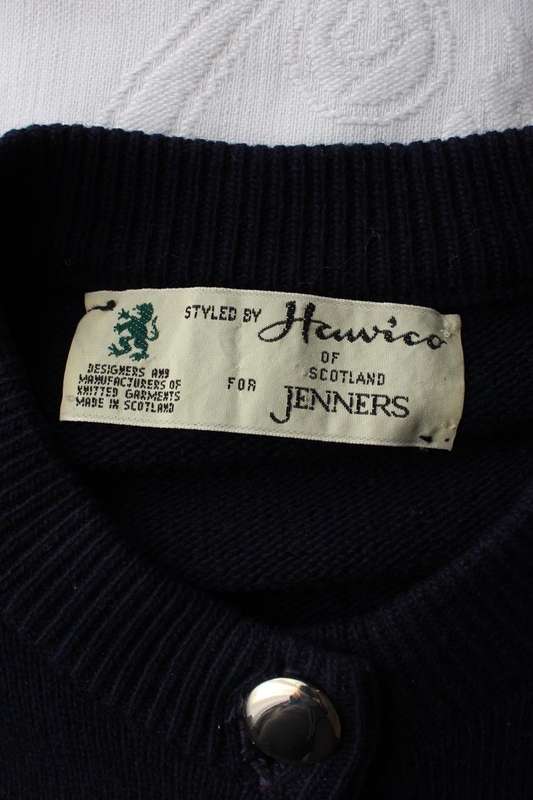 VINTAGE HAWICO SCOTLAND FOR JENNERS WOOL NAVY CARDIGAN JERSEY - SIZE M
