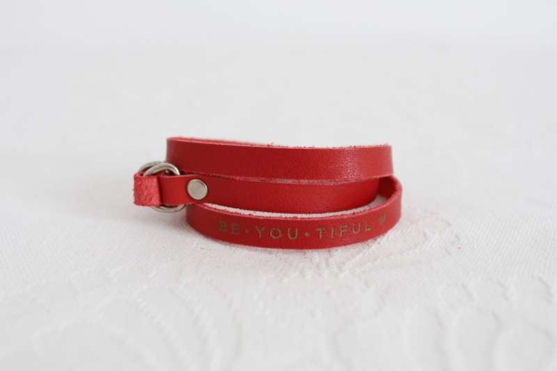 "BE-YOU-TIFUL" TEXT GENUINE LEATHER RED WRAP AROUND BRACELET