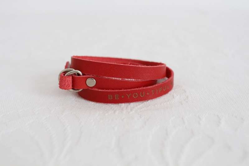"BE-YOU-TIFUL" TEXT GENUINE LEATHER RED WRAP AROUND BRACELET