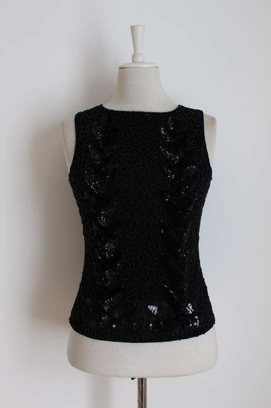 BLACK SEQUINED BEADED SHEER MESH SLEEVELESS TOP - SIZE 12