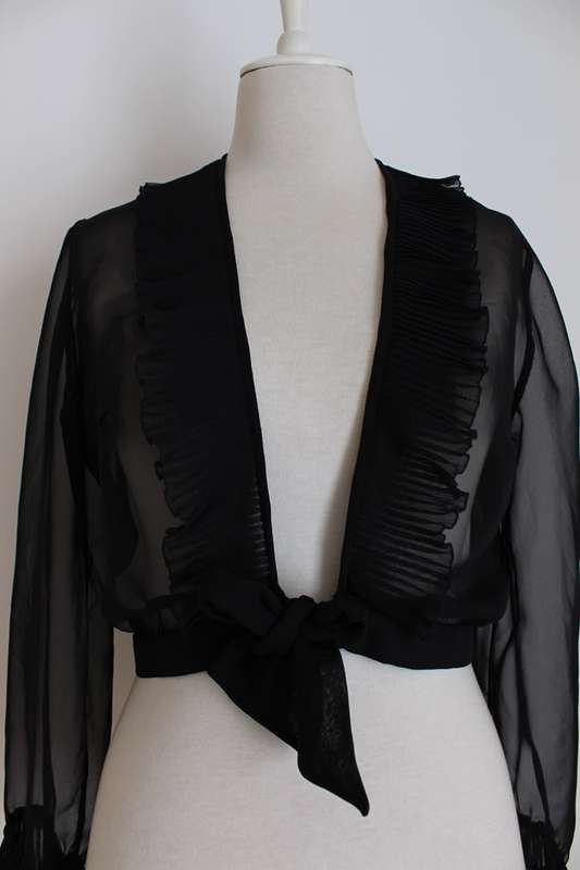 VINTAGE SHEER RUFFLE NECK TIE FRONT CROPPED BLOUSE SHIRT - SIZE 10