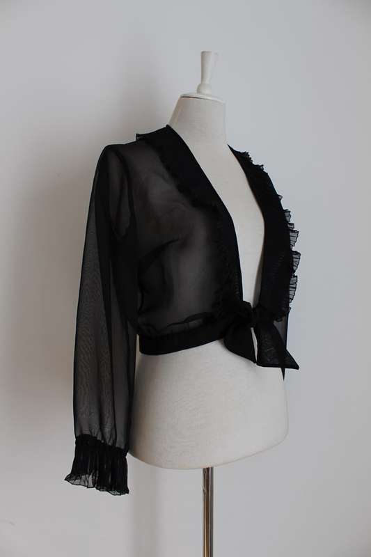 VINTAGE SHEER RUFFLE NECK TIE FRONT CROPPED BLOUSE SHIRT - SIZE 10