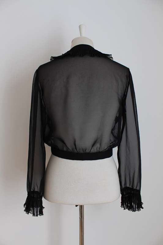VINTAGE SHEER RUFFLE NECK TIE FRONT CROPPED BLOUSE SHIRT - SIZE 10