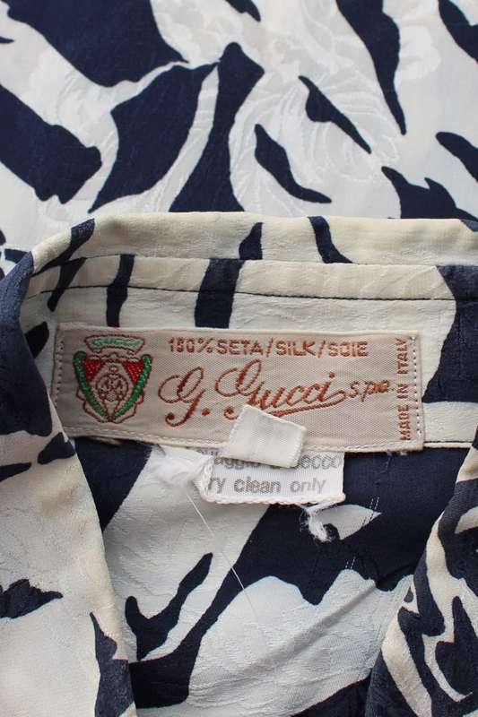 *GUCCI* DESIGNER VINTAGE 100% SILK NAVY WHITE FLORAL BLOUSE SHIRT - SIZE 10