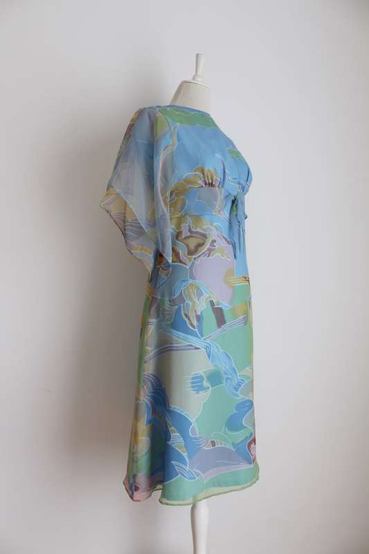 VINTAGE BLUE PRINTED SHIFT COCKTAIL DRESS - SIZE 10