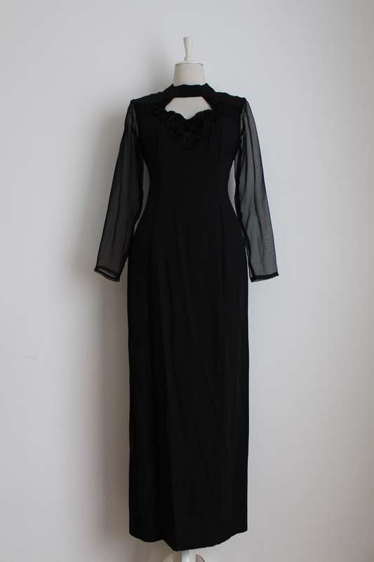 VINTAGE BLACK SHEER LONG SLEEVES MAXI COCKTAIL FORMAL DRESS - SIZE 10