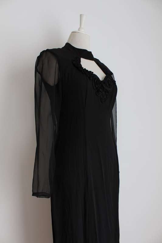 VINTAGE BLACK SHEER LONG SLEEVES MAXI COCKTAIL FORMAL DRESS - SIZE 10