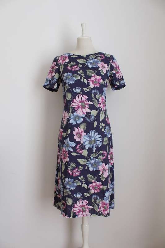 VINTAGE FLORAL BLUE PINK SHIFT DAY DRESS - SIZE 12