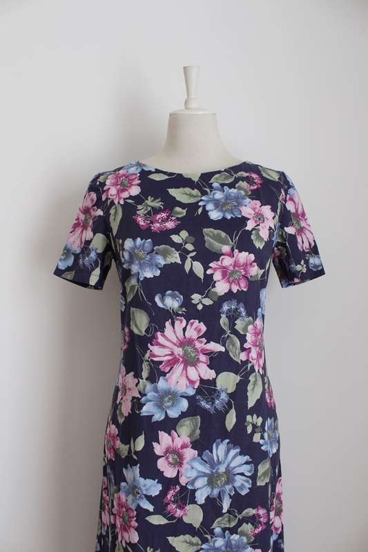 VINTAGE FLORAL BLUE PINK SHIFT DAY DRESS - SIZE 12