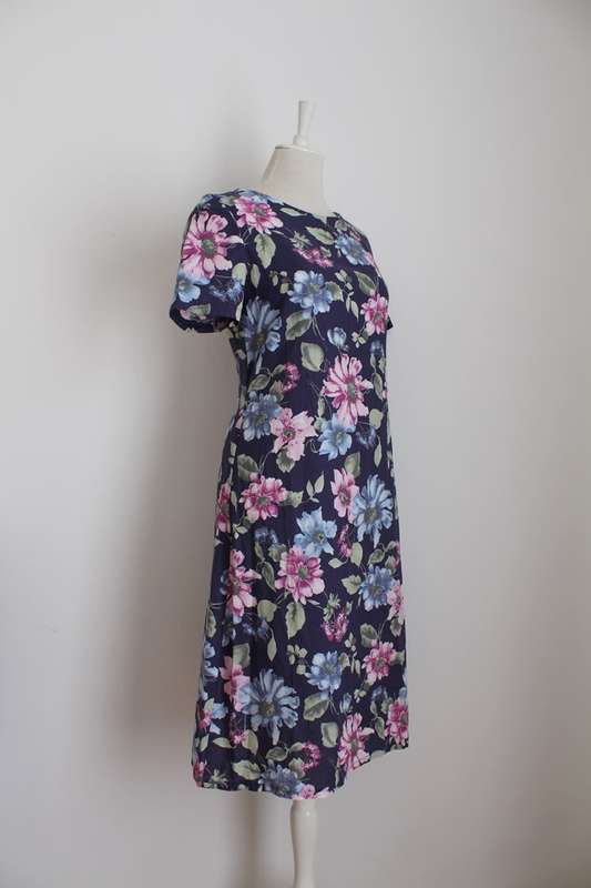 VINTAGE FLORAL BLUE PINK SHIFT DAY DRESS - SIZE 12