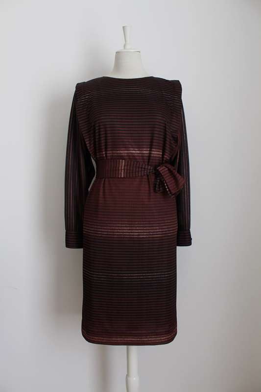 VINTAGE OMBRE BROWN STRIPED PRINT TIE WAIST DRESS - SIZE 10