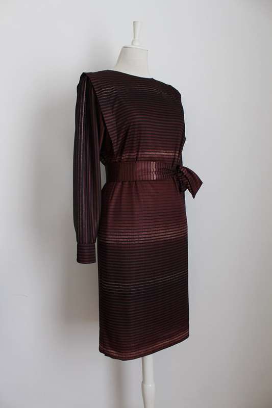 VINTAGE OMBRE BROWN STRIPED PRINT TIE WAIST DRESS - SIZE 10