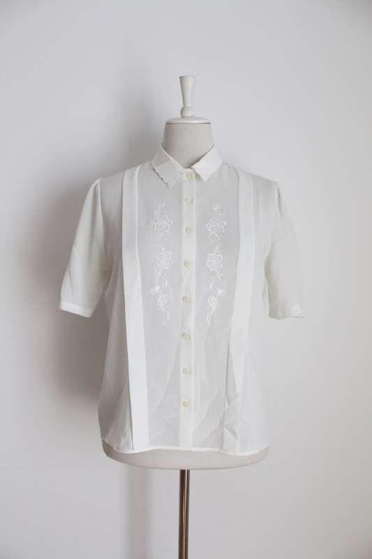 VINTAGE EMBROIDERED FLORAL PLEATED BLOUSE SHIRT TOP - SIZE 12